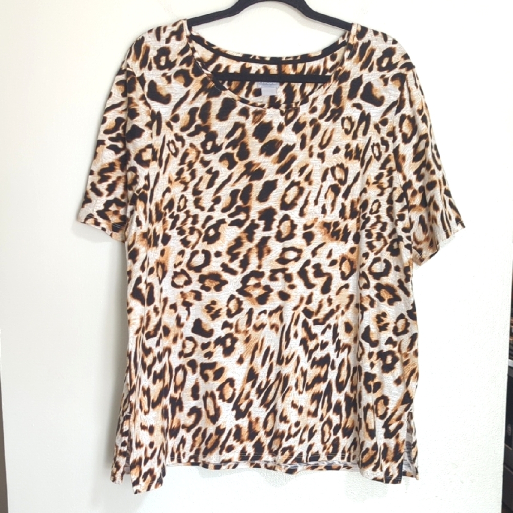 Chico's Modal Blend Animal Print Brown Tan Shirt Sleeve Button Back Top 3 (XL)